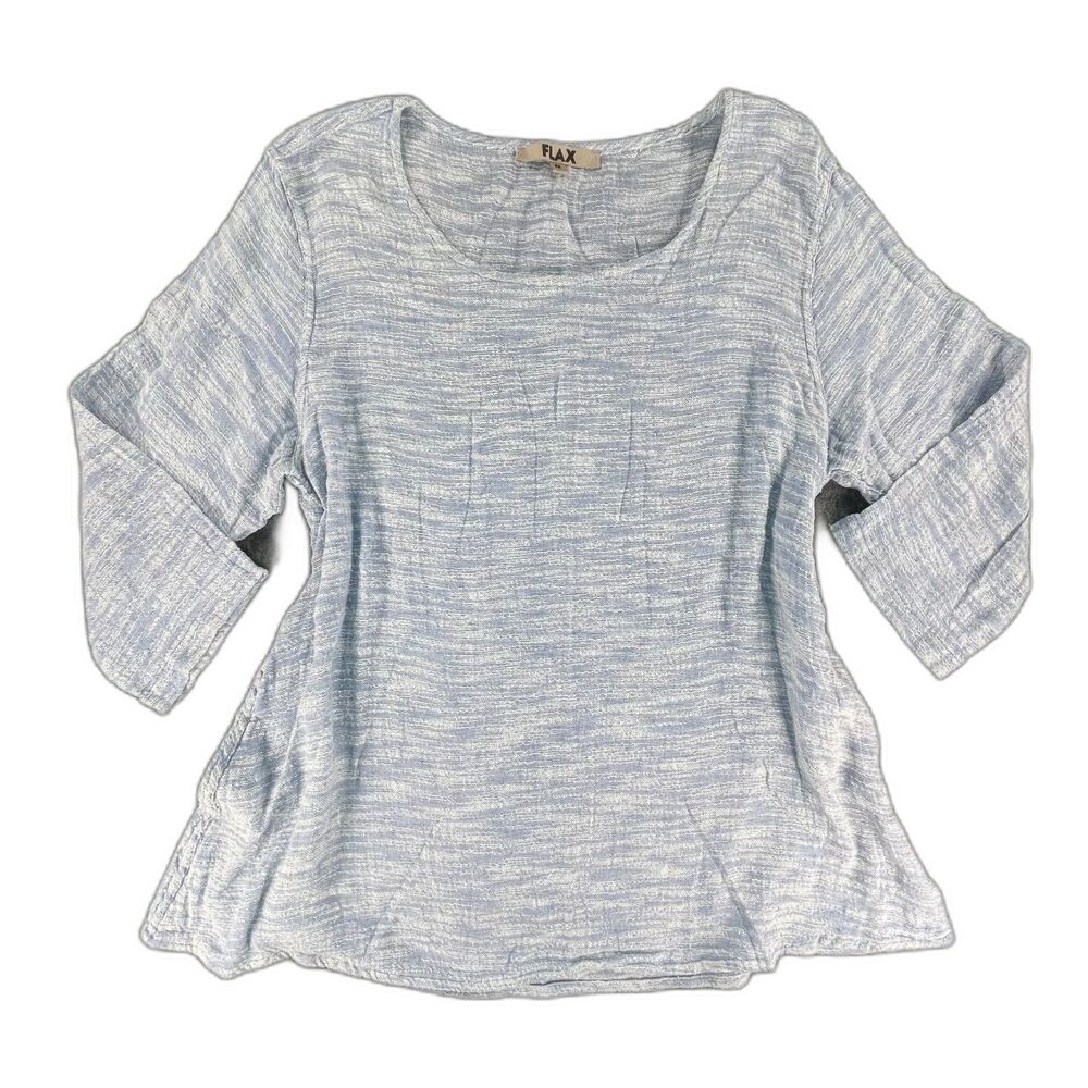 FLAX Size Medium Blue White Space Dye Linen Top 3/4 Sleeve Lagenlook Coastal